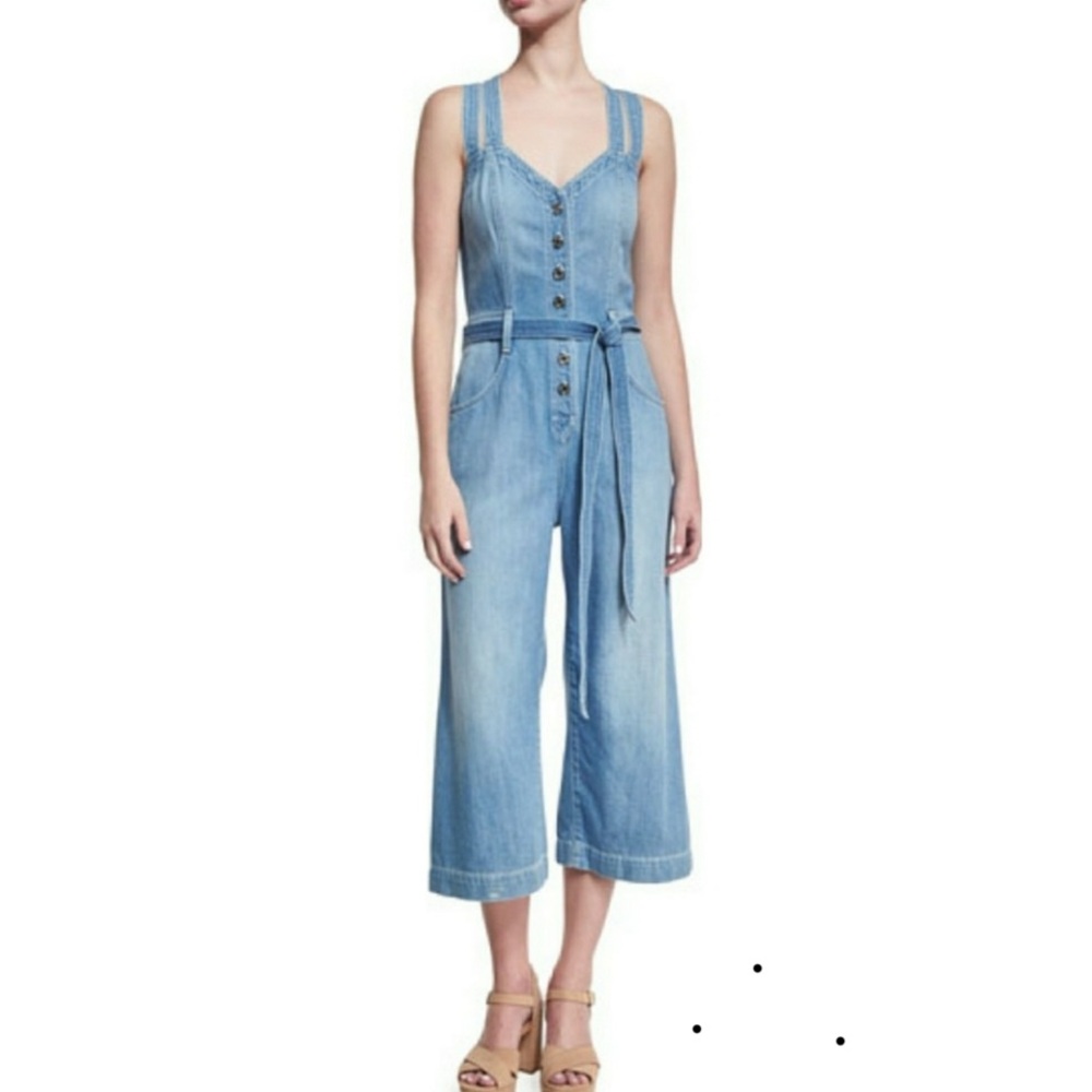 7FAM // strappy button front cross back belted stretch denim culotte jumpsuit